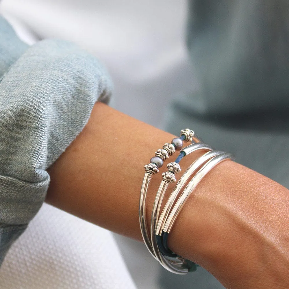 Charming Blue Leather Wrap Bracelet with Pearls & Silver Crescents