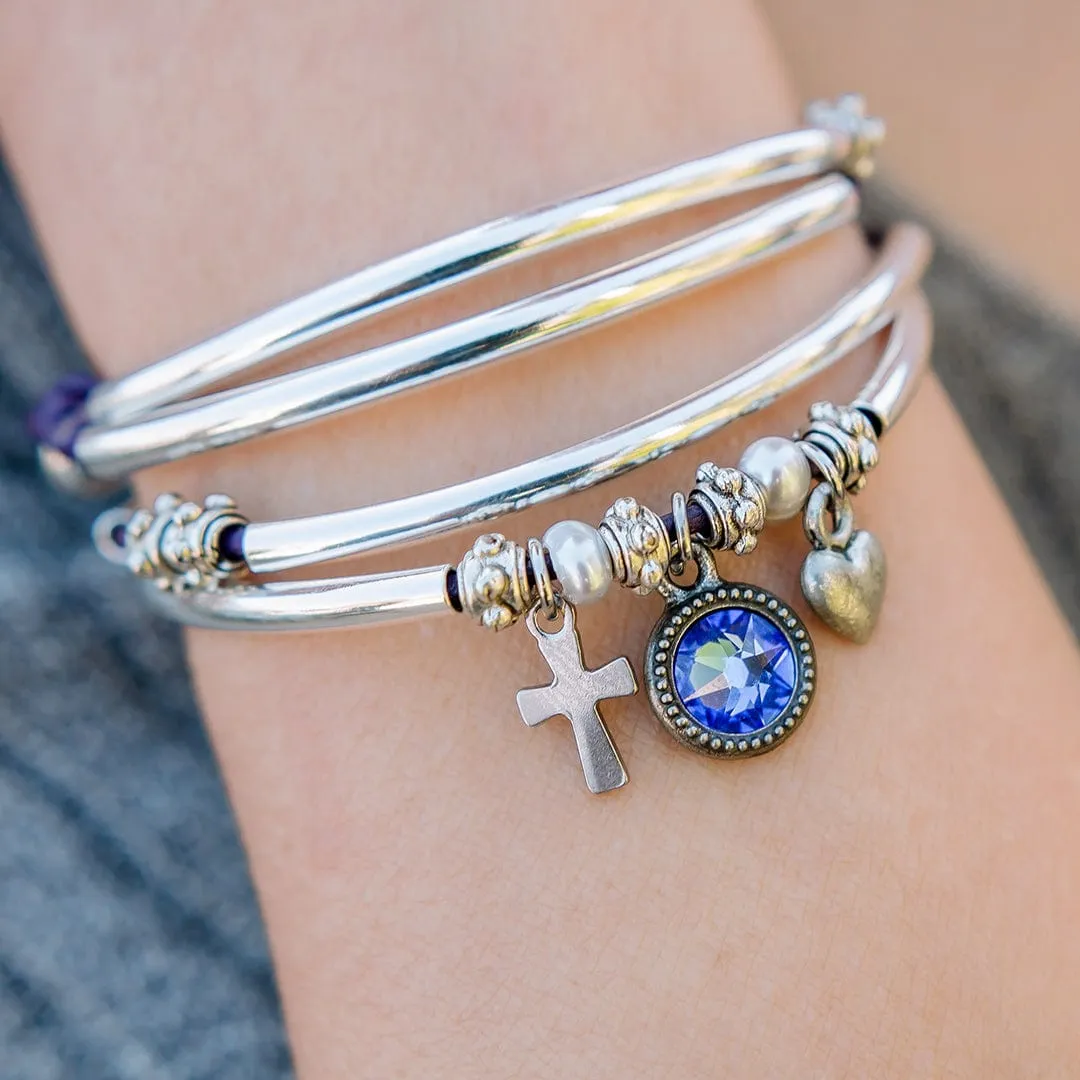 Charming Blue Leather Wrap Bracelet with Pearls & Silver Crescents