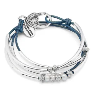 Charming Blue Leather Wrap Bracelet with Pearls & Silver Crescents