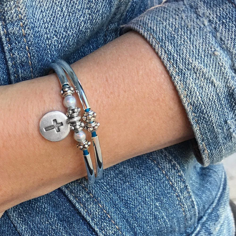 Charming Blue Leather Wrap Bracelet with Pearls & Silver Crescents