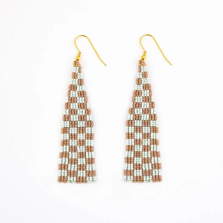 Checkerboard Fringe Earrings - Seafoam Sand