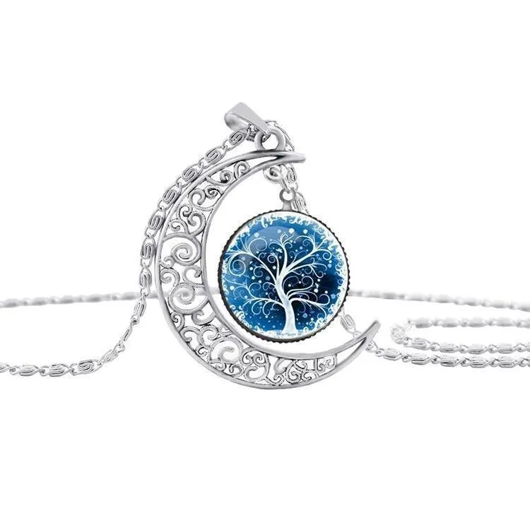 Colorful Hollow Tree of Life Necklaces Moon Pendant Necklace