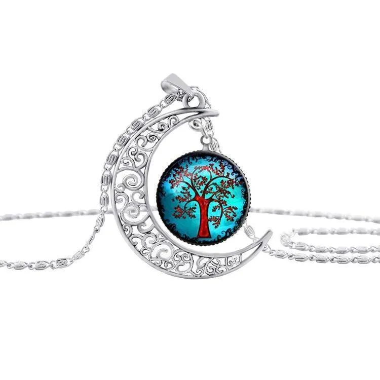Colorful Hollow Tree of Life Necklaces Moon Pendant Necklace