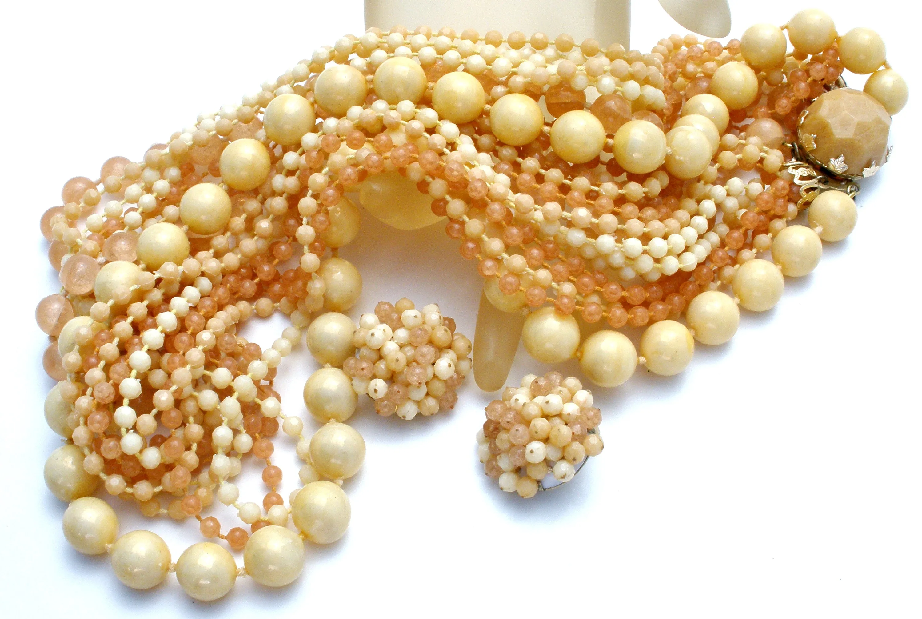 Cream & Beige Multi Strand Bead Necklace Set Vintage