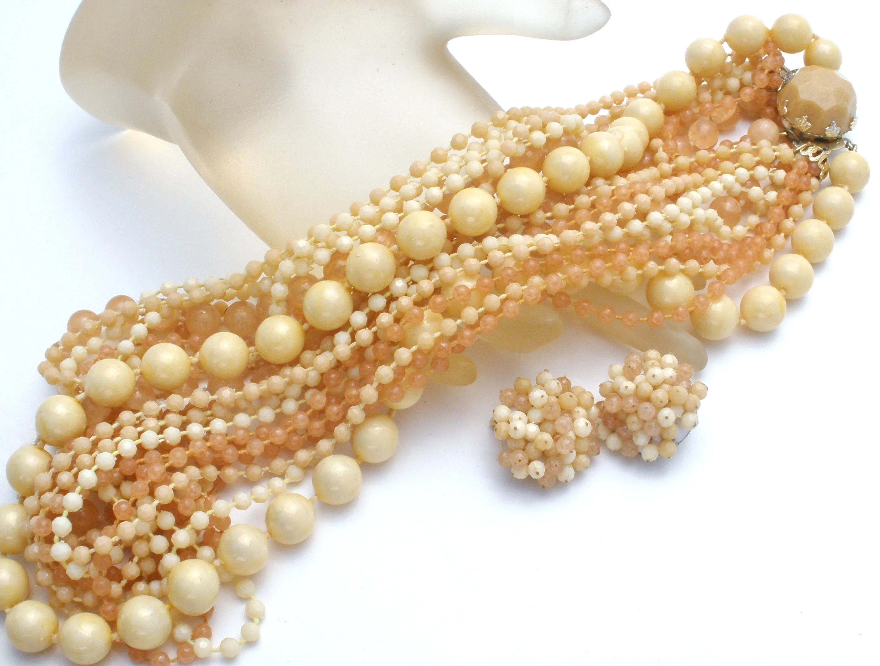 Cream & Beige Multi Strand Bead Necklace Set Vintage