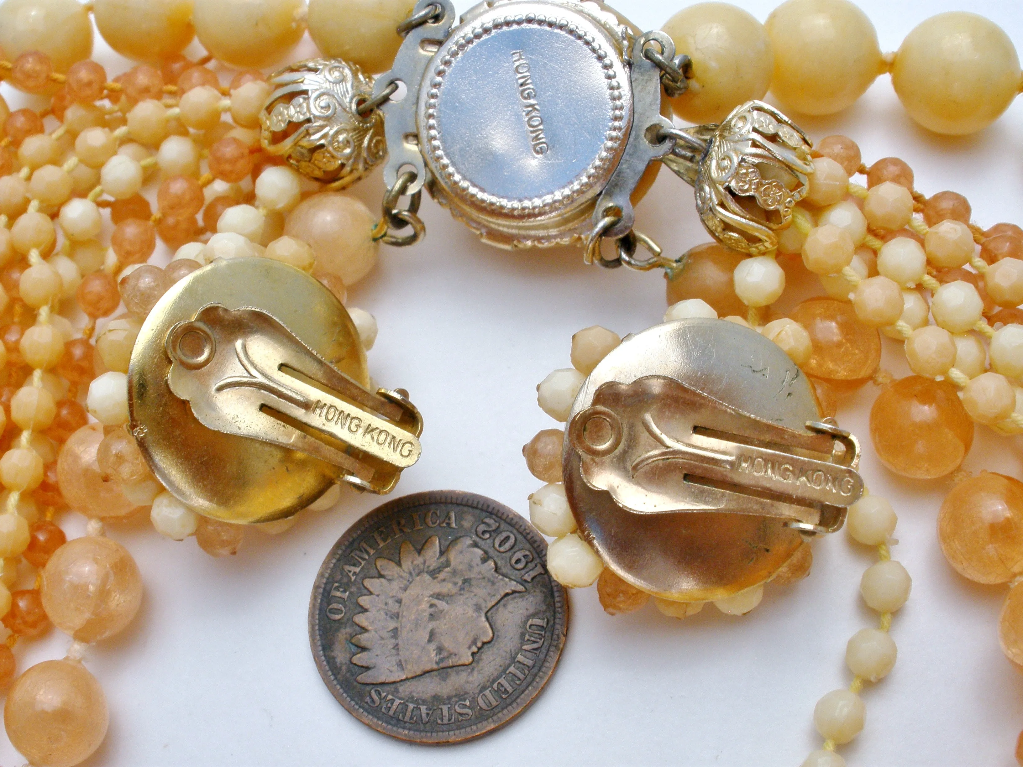 Cream & Beige Multi Strand Bead Necklace Set Vintage