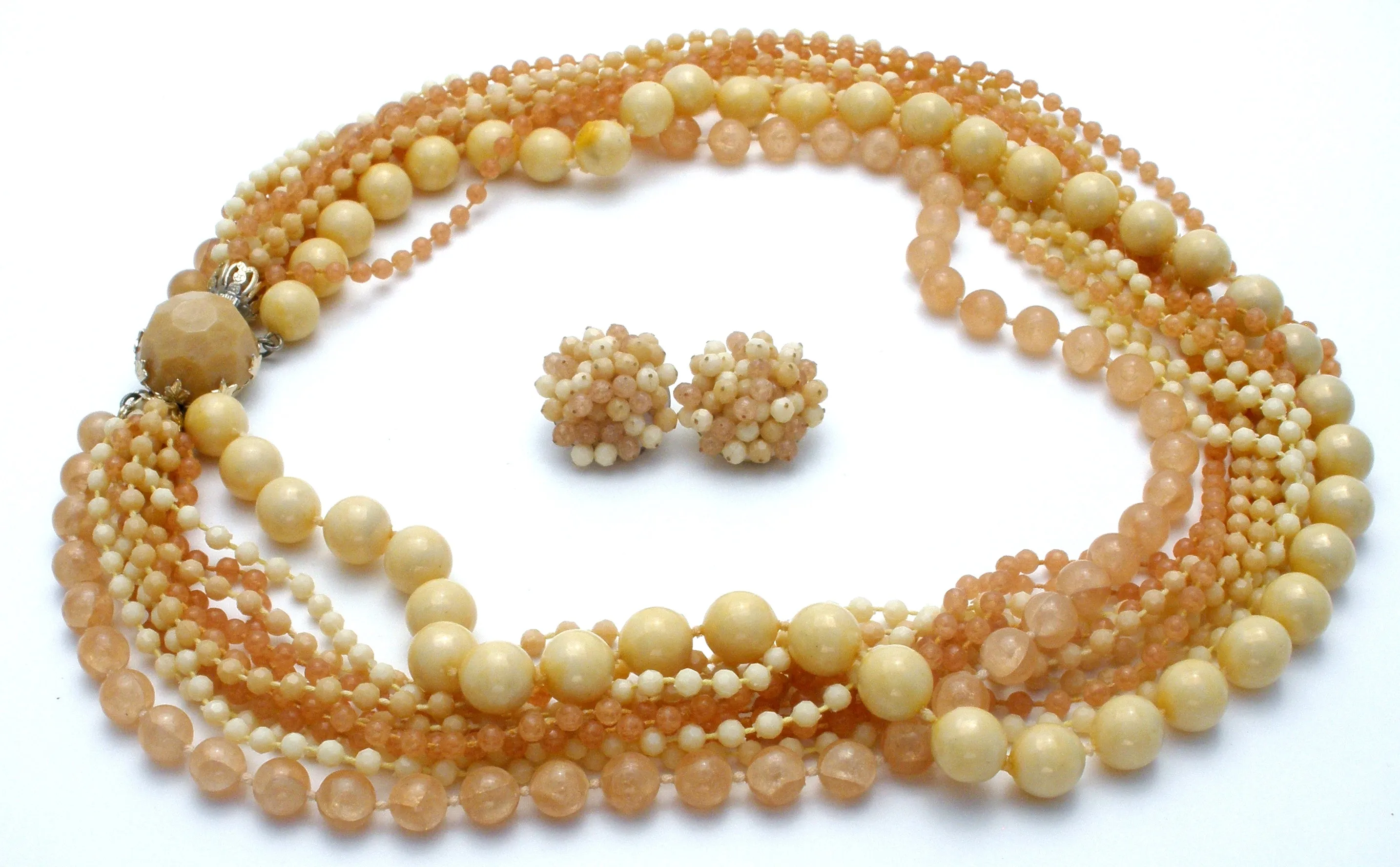 Cream & Beige Multi Strand Bead Necklace Set Vintage