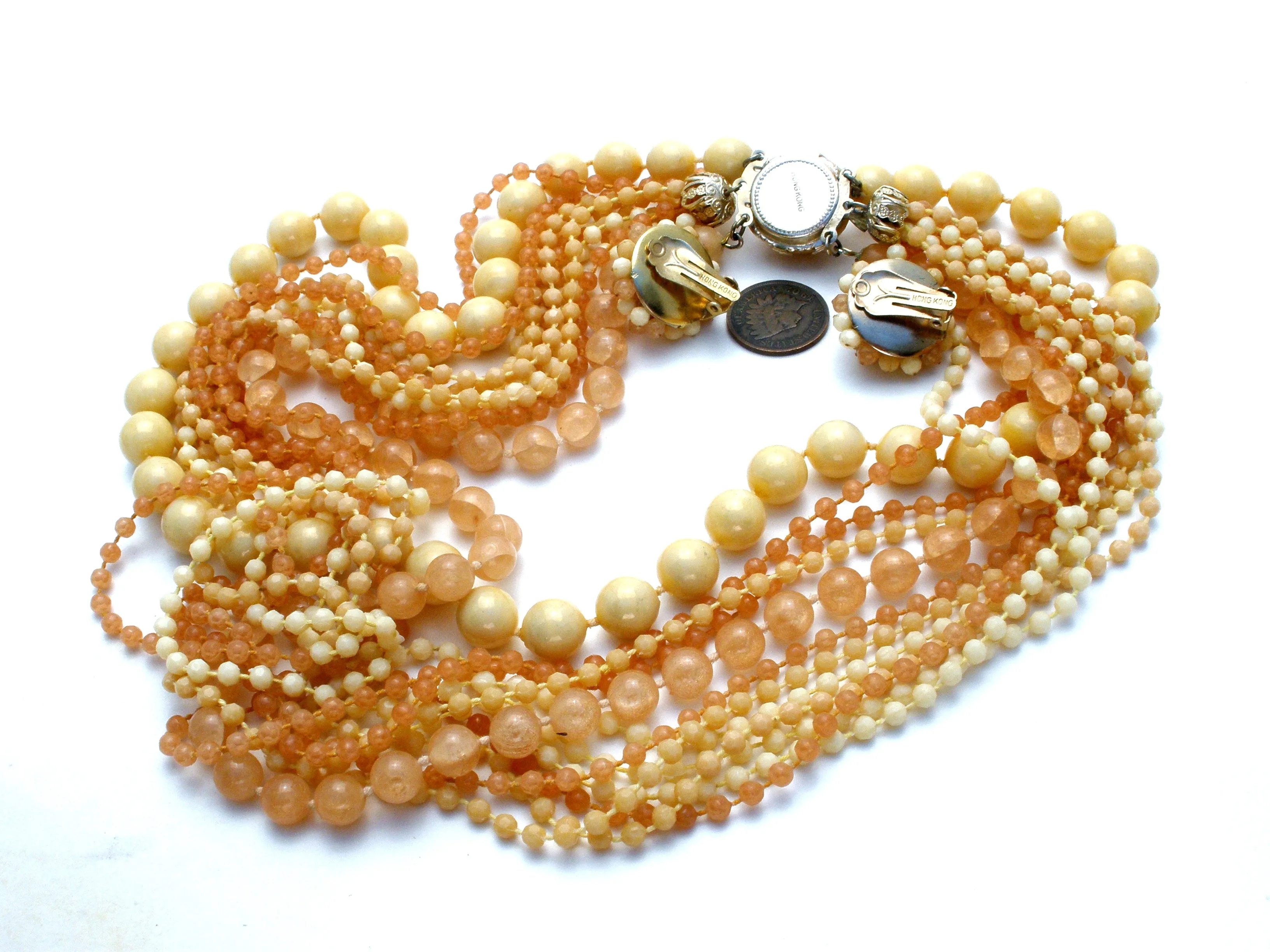 Cream & Beige Multi Strand Bead Necklace Set Vintage