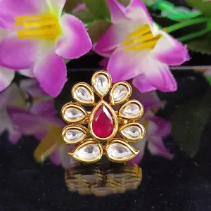 Designer Gold Plated Royal Kundan  & Ruby Beaded Ring (Design 105)