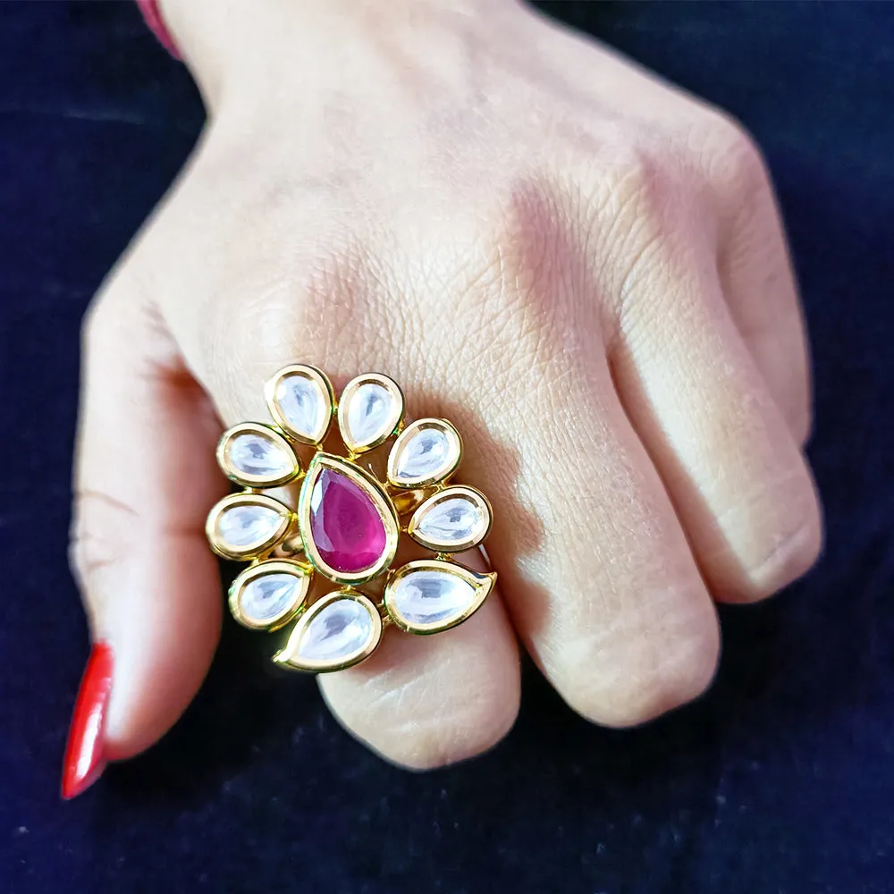 Designer Gold Plated Royal Kundan  & Ruby Beaded Ring (Design 105)