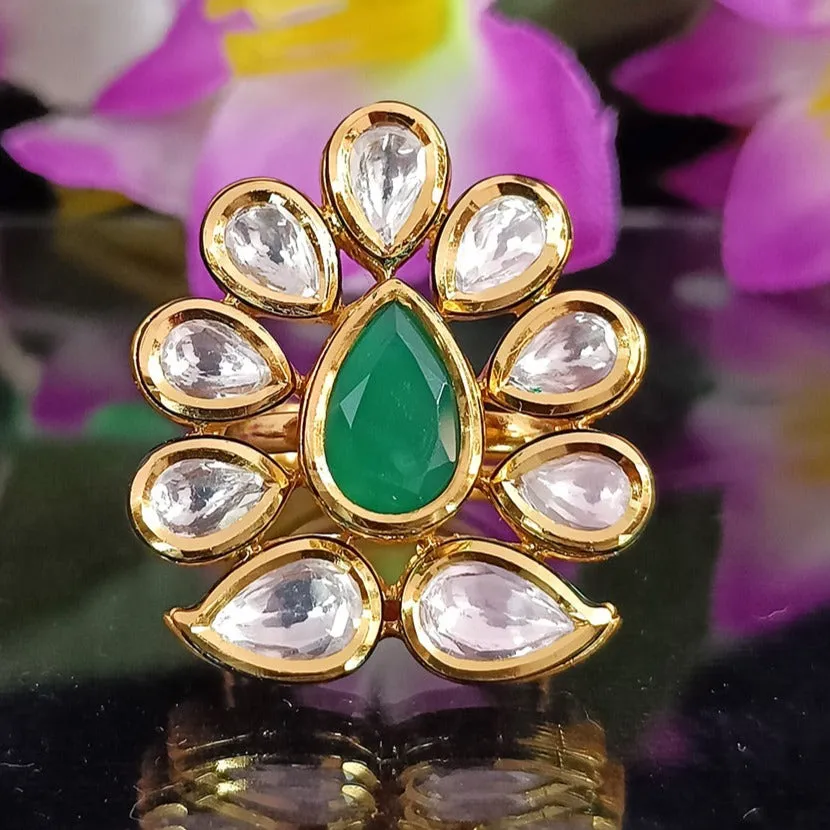 Designer Gold Plated Royal Kundan  & Ruby Beaded Ring (Design 105)