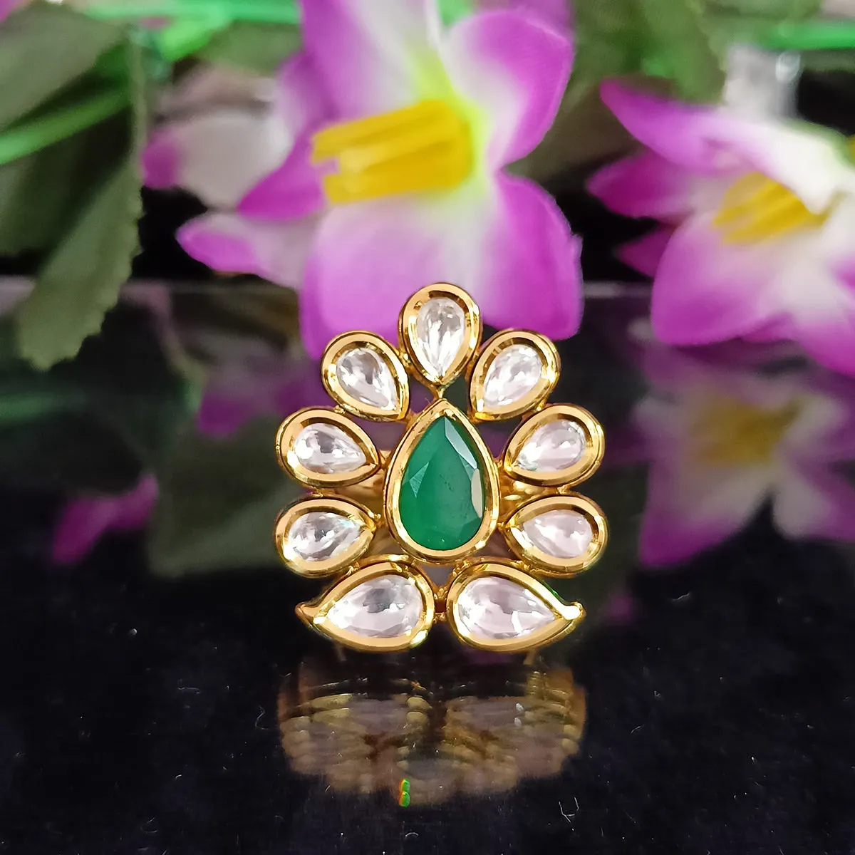 Designer Gold Plated Royal Kundan  & Ruby Beaded Ring (Design 105)