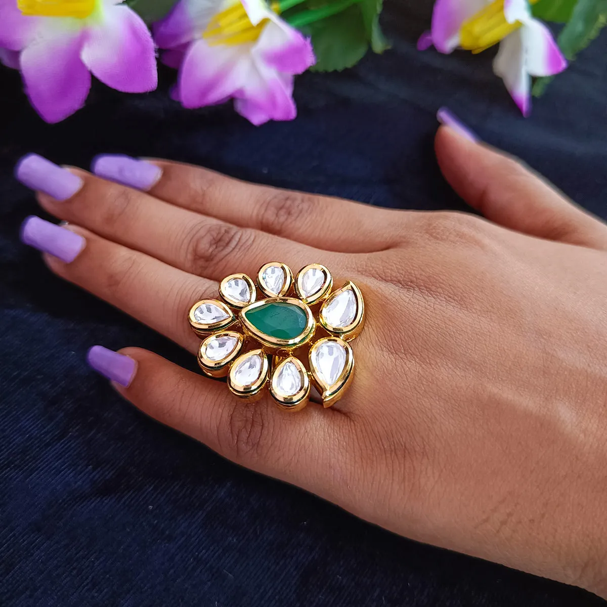 Designer Gold Plated Royal Kundan  & Ruby Beaded Ring (Design 105)