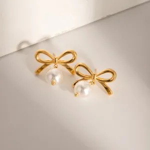 Elegant Bow Faux Pearl Stainless Steel Earrings