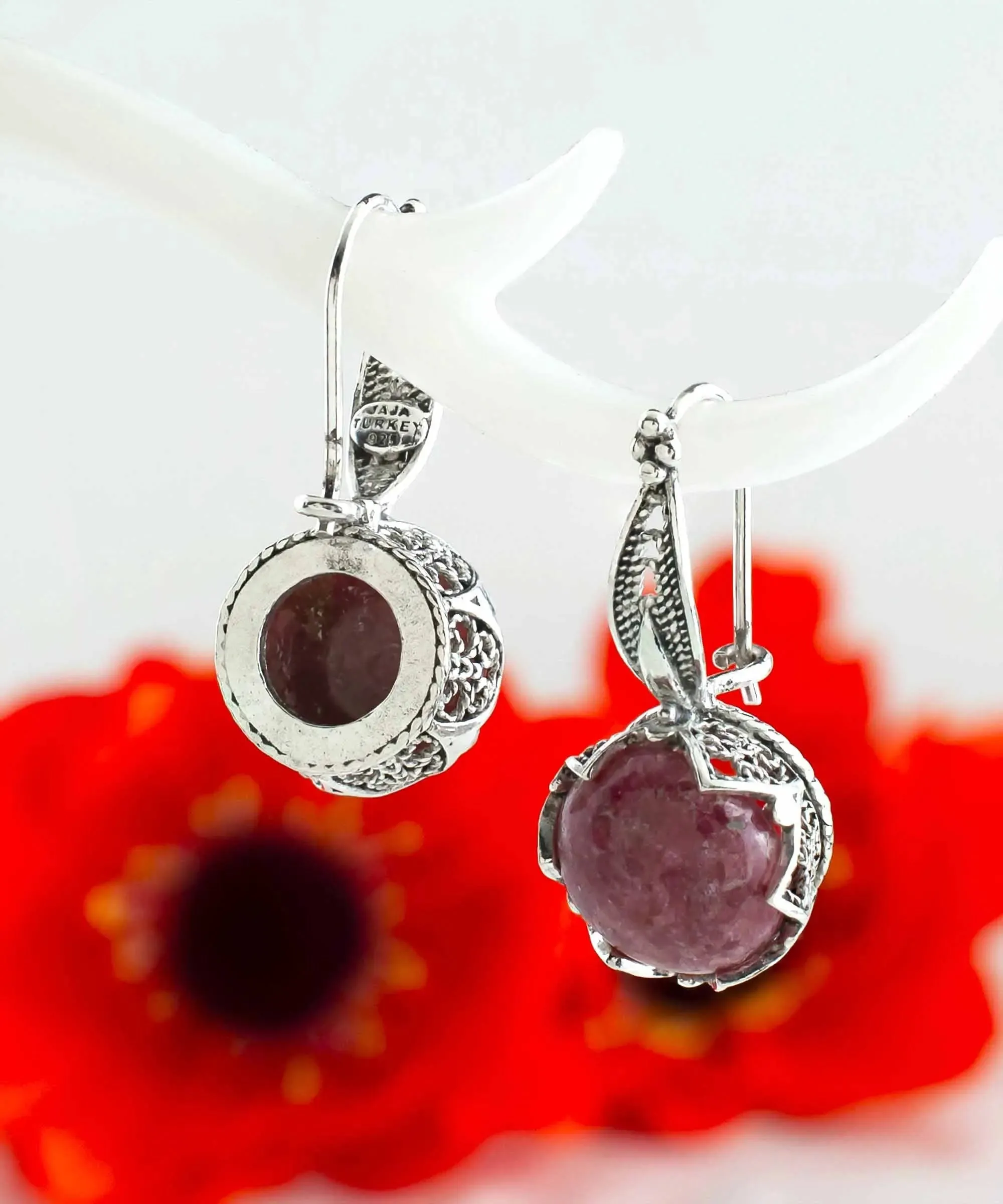 Elegant Filigree Rhodonite Sterling Silver Woman Drop Earrings