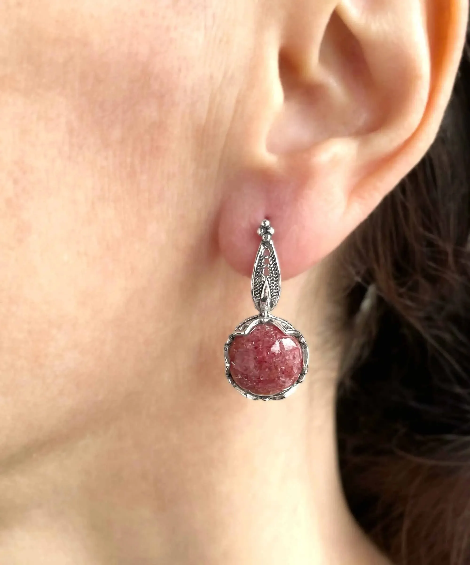 Elegant Filigree Rhodonite Sterling Silver Woman Drop Earrings