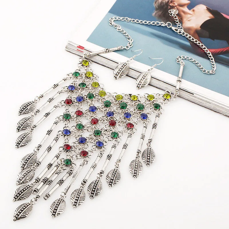 European Fashion Mesh Diamond Tassel Exaggerated Retro Leaves Necklace