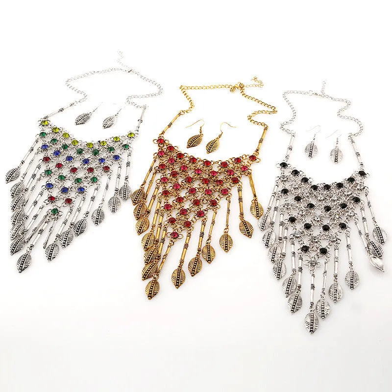 European Fashion Mesh Diamond Tassel Exaggerated Retro Leaves Necklace
