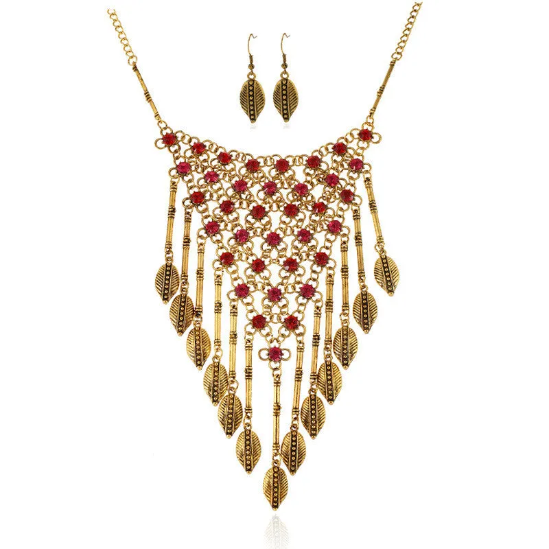European Fashion Mesh Diamond Tassel Exaggerated Retro Leaves Necklace