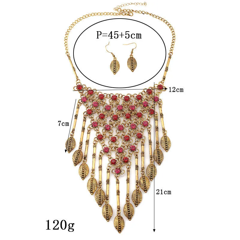 European Fashion Mesh Diamond Tassel Exaggerated Retro Leaves Necklace