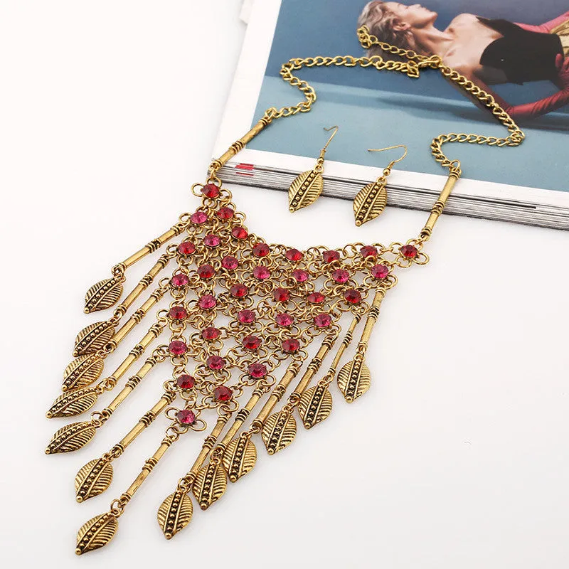 European Fashion Mesh Diamond Tassel Exaggerated Retro Leaves Necklace