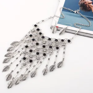 European Fashion Mesh Diamond Tassel Exaggerated Retro Leaves Necklace
