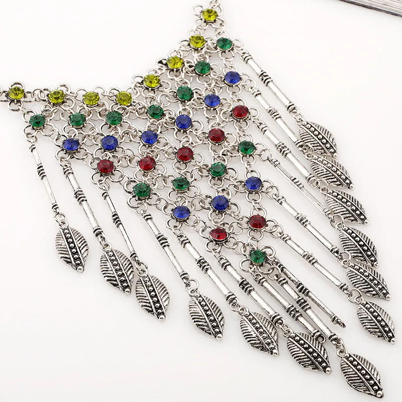 European Fashion Mesh Diamond Tassel Exaggerated Retro Leaves Necklace