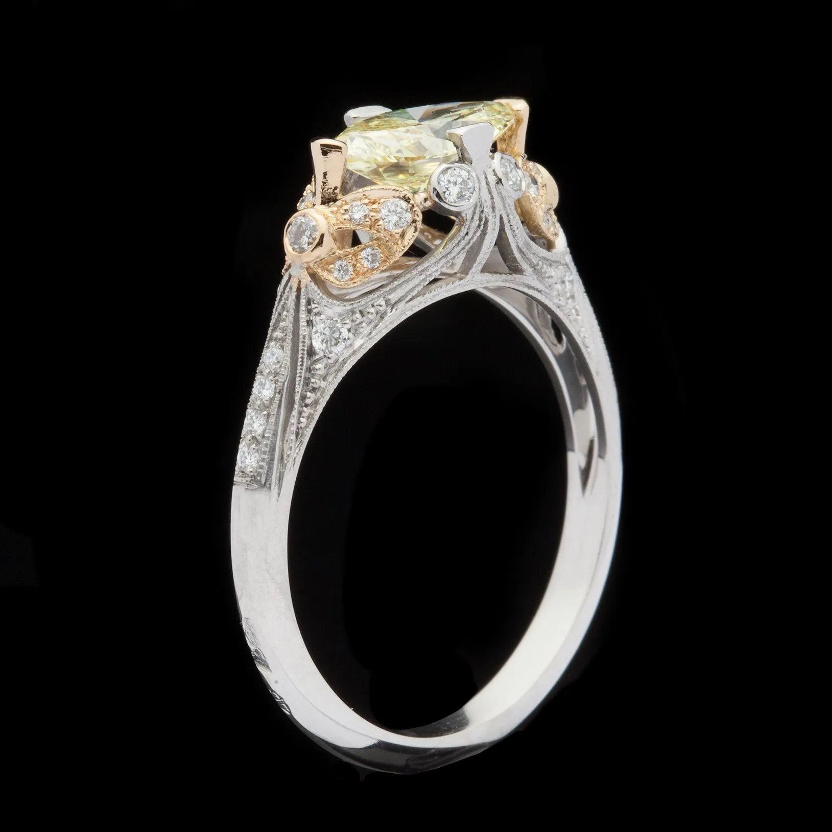 Exclusive GIA 1.04ct Fancy Yellow Diamond Platinum Ring, French