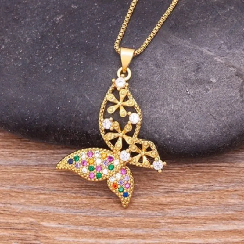 Fluttering Colorful Rhinestone Encrusted Butterfly Pendant Necklaces