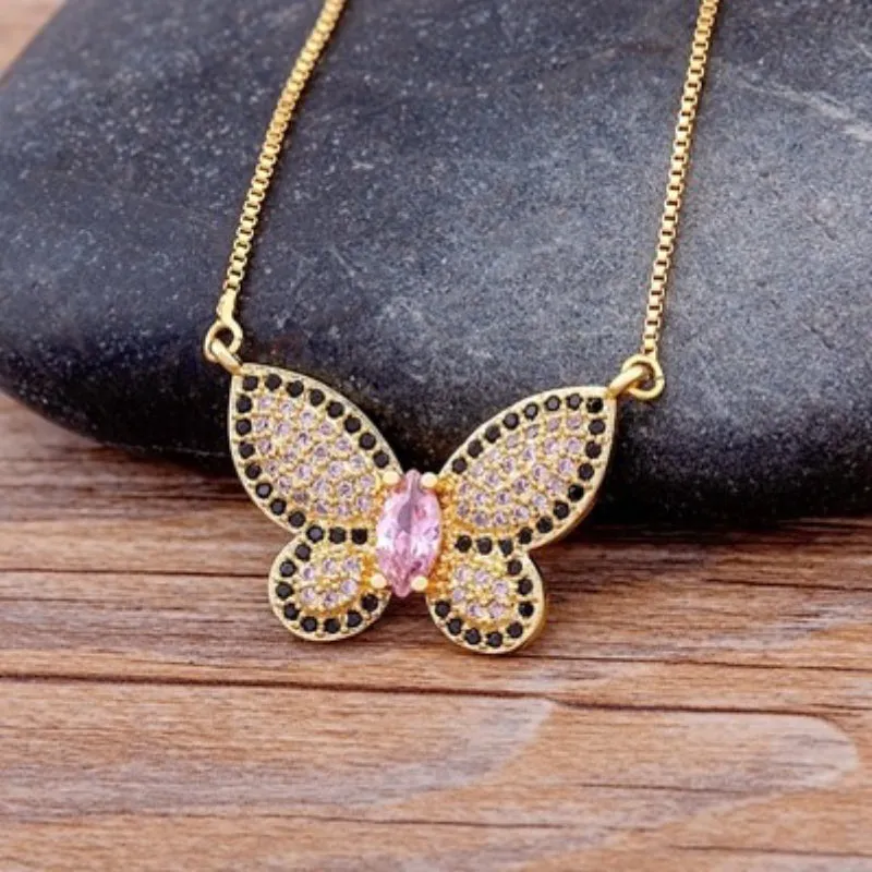 Fluttering Colorful Rhinestone Encrusted Butterfly Pendant Necklaces