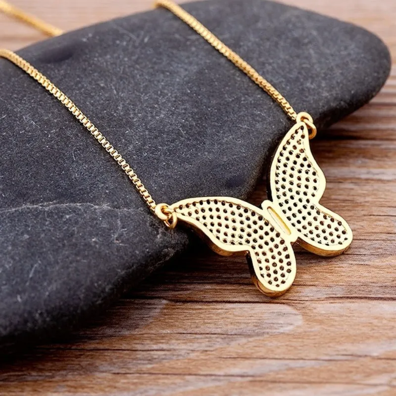 Fluttering Colorful Rhinestone Encrusted Butterfly Pendant Necklaces