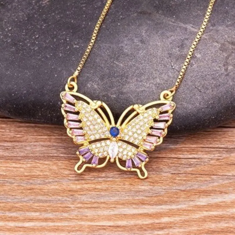 Fluttering Colorful Rhinestone Encrusted Butterfly Pendant Necklaces