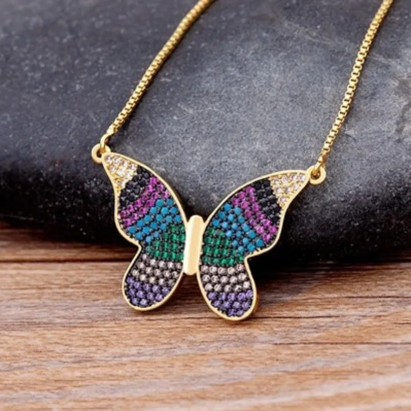 Fluttering Colorful Rhinestone Encrusted Butterfly Pendant Necklaces