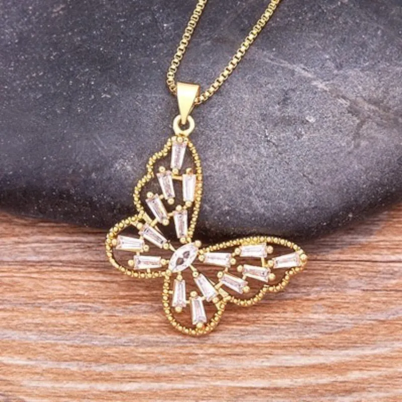 Fluttering Colorful Rhinestone Encrusted Butterfly Pendant Necklaces