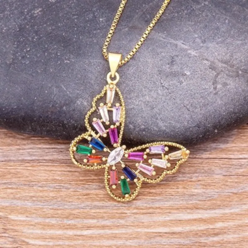 Fluttering Colorful Rhinestone Encrusted Butterfly Pendant Necklaces