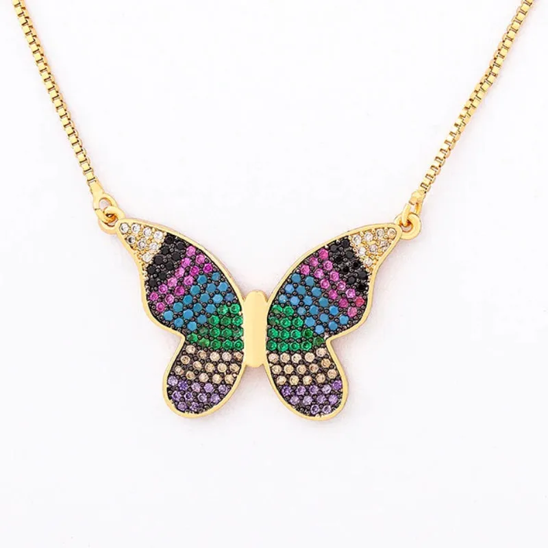 Fluttering Colorful Rhinestone Encrusted Butterfly Pendant Necklaces