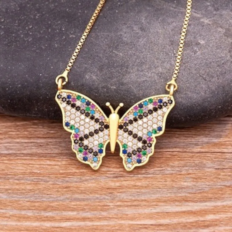 Fluttering Colorful Rhinestone Encrusted Butterfly Pendant Necklaces