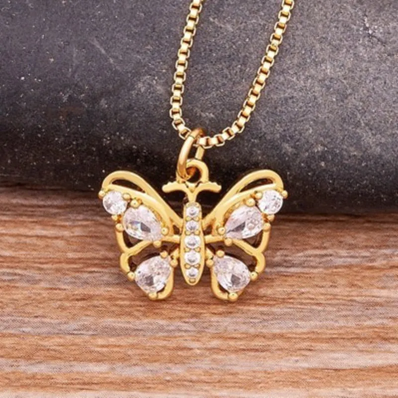 Fluttering Colorful Rhinestone Encrusted Butterfly Pendant Necklaces