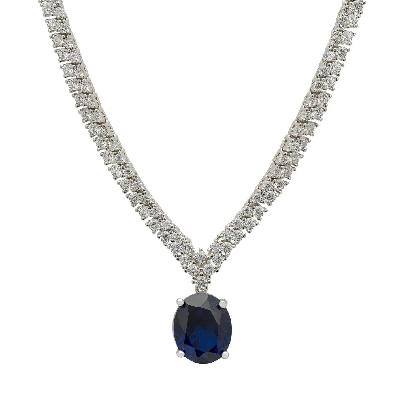 Garbo Oval Gemstone Tennis Necklace in Sapphire Silver