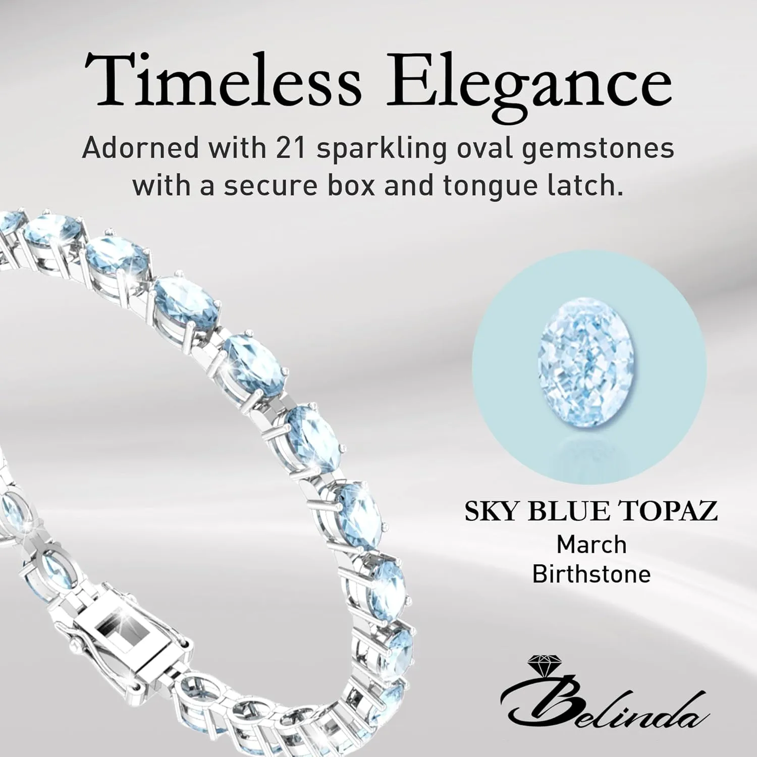 Gemstone Tennis Bracelet With 21 Oval Gems, 925 Sterling Silver Birthstone Bracelet, 7" Box and Tongue Latch