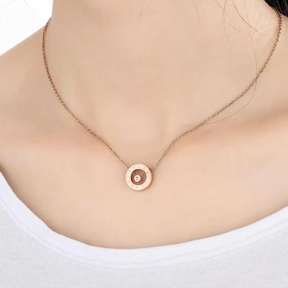 Genuine Single Diamond Set Roman numeral Halo Necklace Rose Gold Titanium