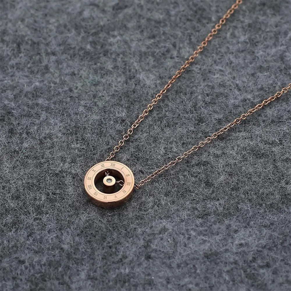 Genuine Single Diamond Set Roman numeral Halo Necklace Rose Gold Titanium