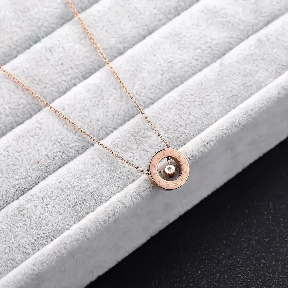Genuine Single Diamond Set Roman numeral Halo Necklace Rose Gold Titanium