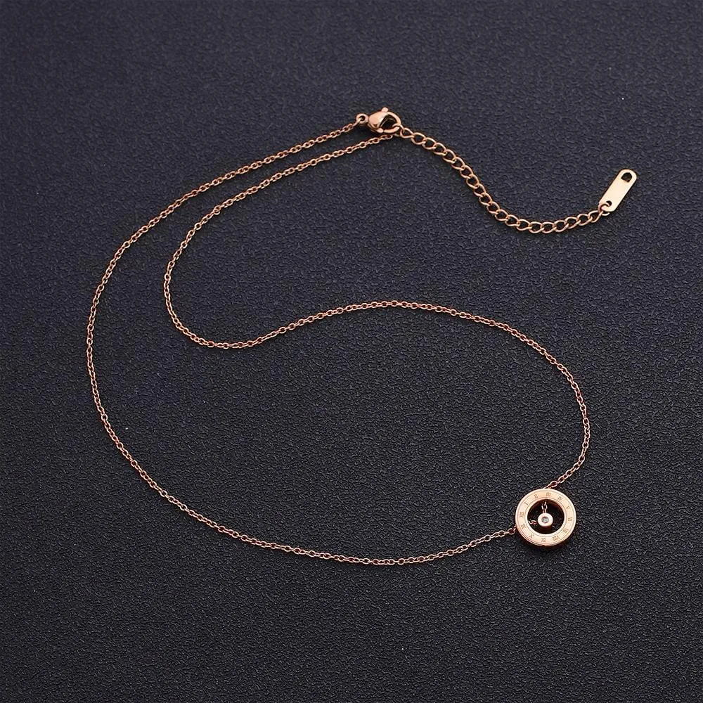 Genuine Single Diamond Set Roman numeral Halo Necklace Rose Gold Titanium
