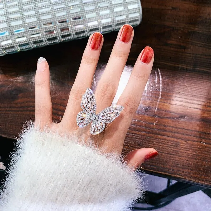 Glistening Rhinestone Filled Butterfly Rings