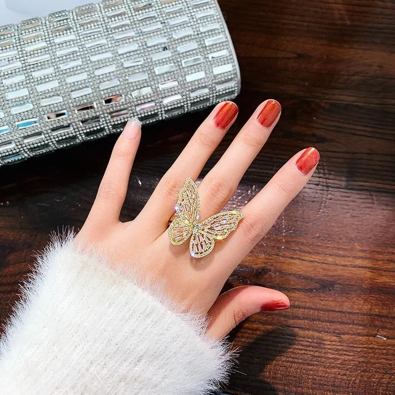 Glistening Rhinestone Filled Butterfly Rings