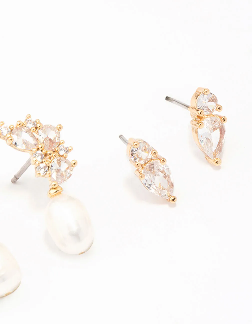 Gold Plated Cubic Zirconia Cluster & Pearl Earring 3-Pack