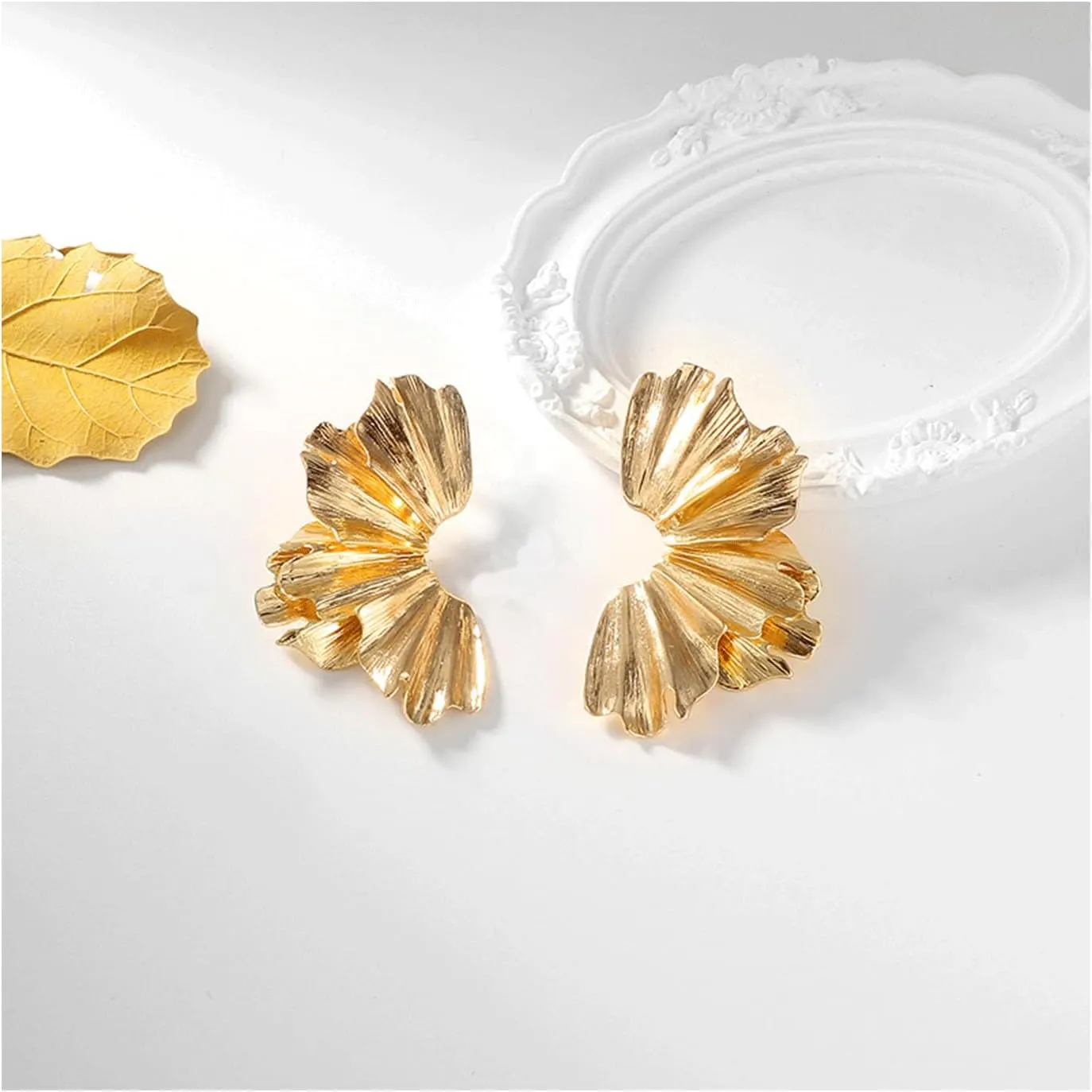 Gold Statement Earrings for Women Large Gold Earrings Gold Flower Earrings Ginkgo Leaf Earrings Summer Beach Party Jewelry for Women