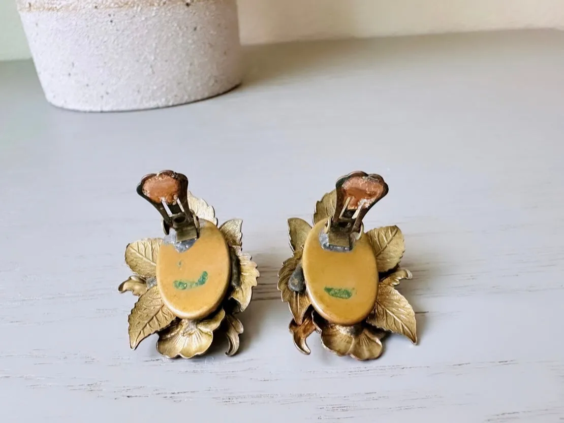 Gorgeous 1950's Vintage Flower Earrings,  Rose Gold, Cream, Sage Green Enamel Earrings, Vintage Bridal Floral Leaf Clip On Earrings