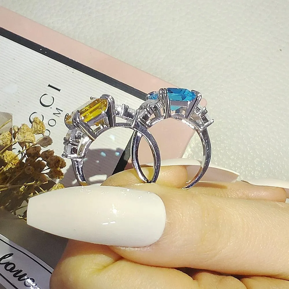 Gorgeous New Arrival Luxury Blue Yellow Color Rectangle AAA  CZ Diamonds Fashion Rings